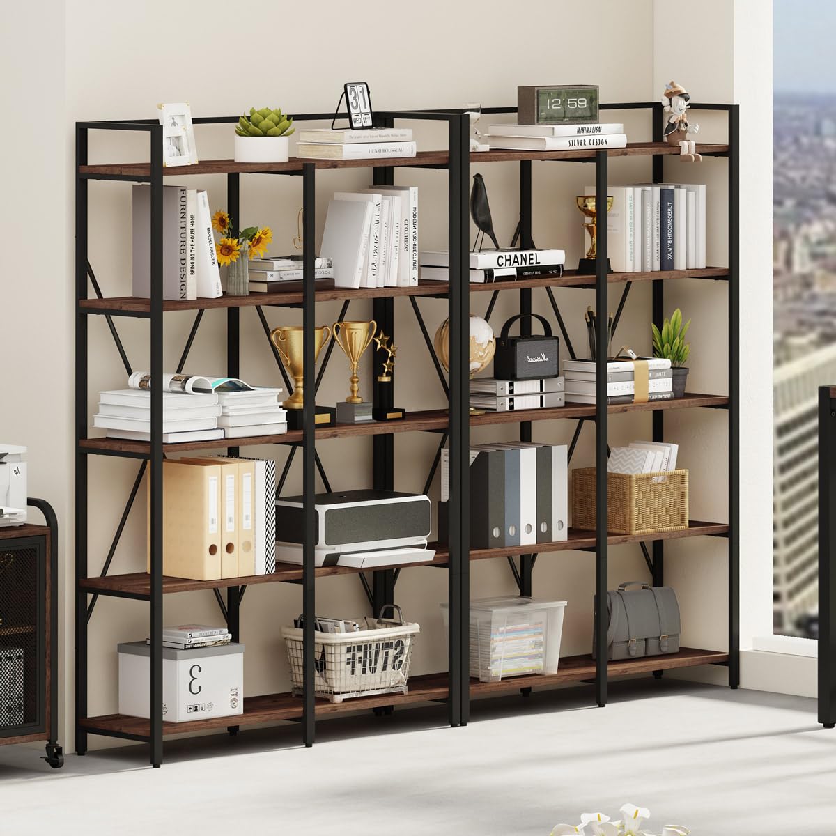 BON AUGURE Industrial Bookshelf, Bookcases and Bookshelves Etagere, Tall Large Farmhouse Book Shelves, 5 Tier Open Bookcase, Wood Metal Shelving Unit for Bedroom, Office (Rustic Oak) BON AUGURE