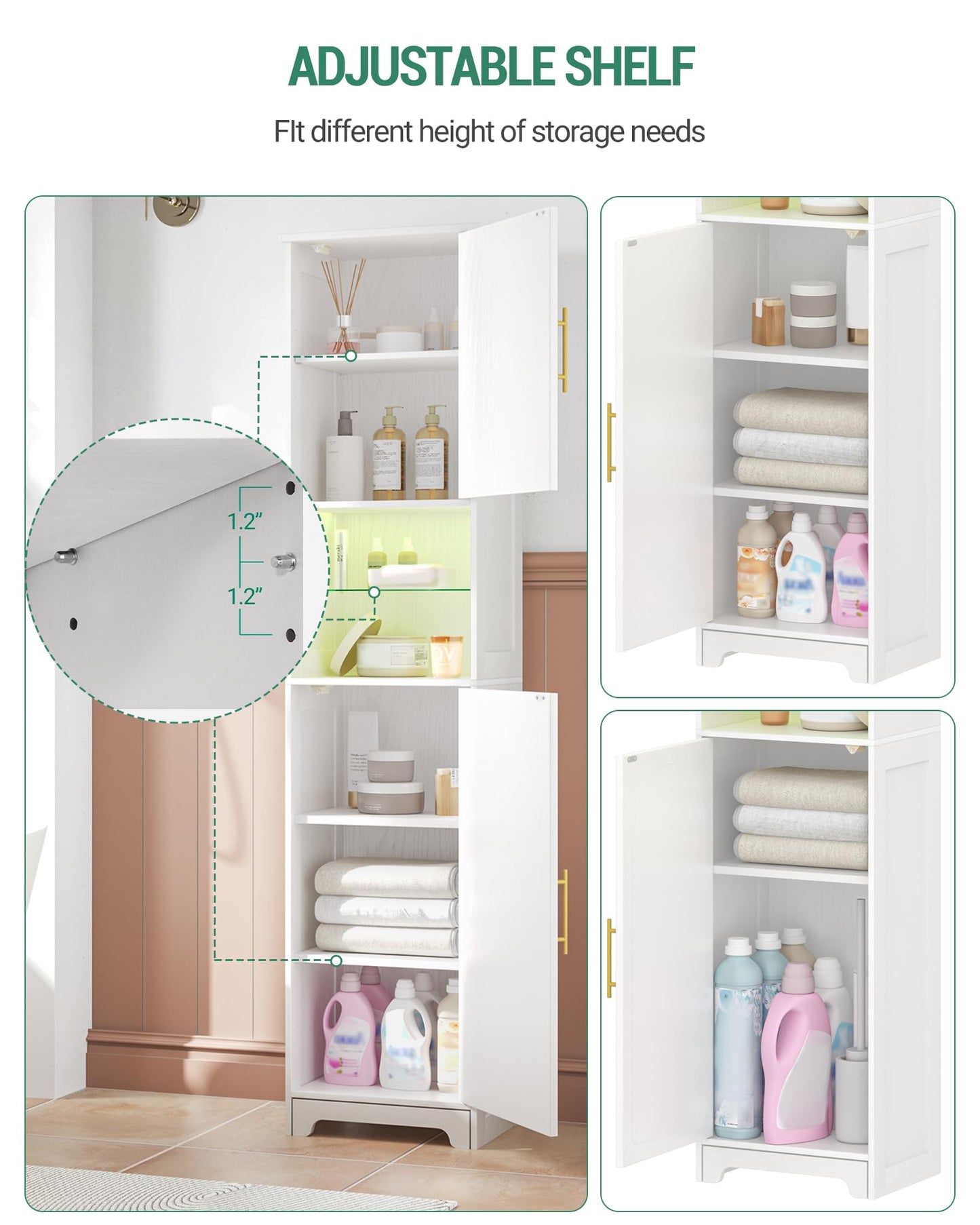 Hzuaneri Tall Bathroom Storage Cabinet with LED Lights, Bathroom Floor Freestanding Cabinet with Open Space, Adjustable Shelves, Tall Corner Cabinet for Bathroom, Living Room, Laundry, White SC28313X