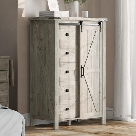 LUXOAK 48" Tall Farmhouse 5 Storage Drawers Dressers for Bedroom, Vintage Dresser Closet, Storage Cabinet with Sliding Barn Door, Organizer TV Stand for Living Room, Rustic Grey LUXOAK
