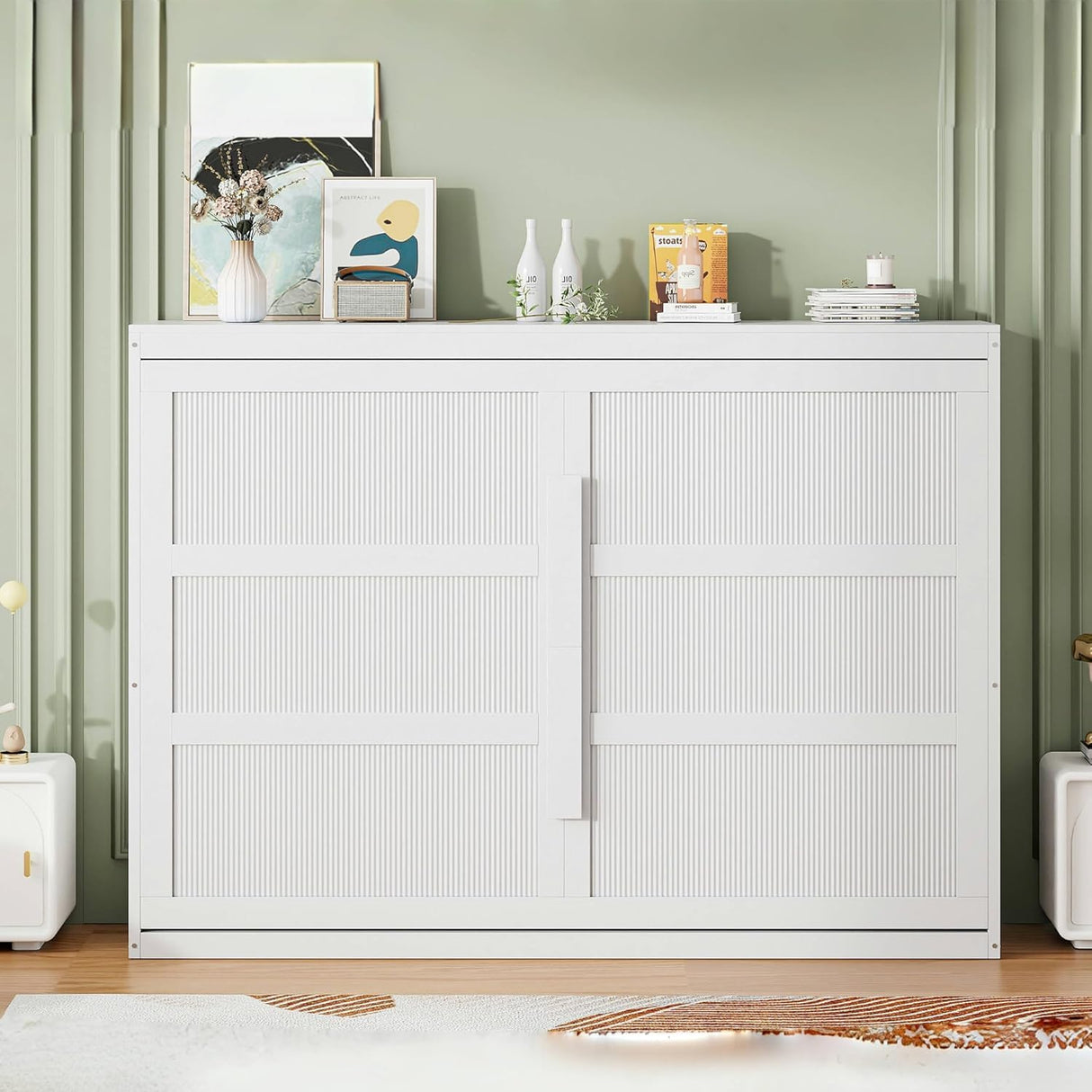 Virubi Queen Horizontal Fluted Murphy Bed with LED Lights,Wood Folding Hideaway Murphy Chest Bed for Adult Guest Room Living Room Bedroom (White) Virubi