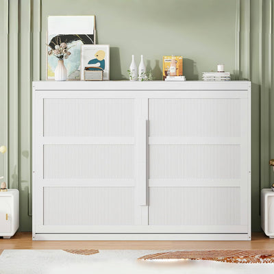 Virubi Queen Horizontal Fluted Murphy Bed with LED Lights,Wood Folding Hideaway Murphy Chest Bed for Adult Guest Room Living Room Bedroom (White)