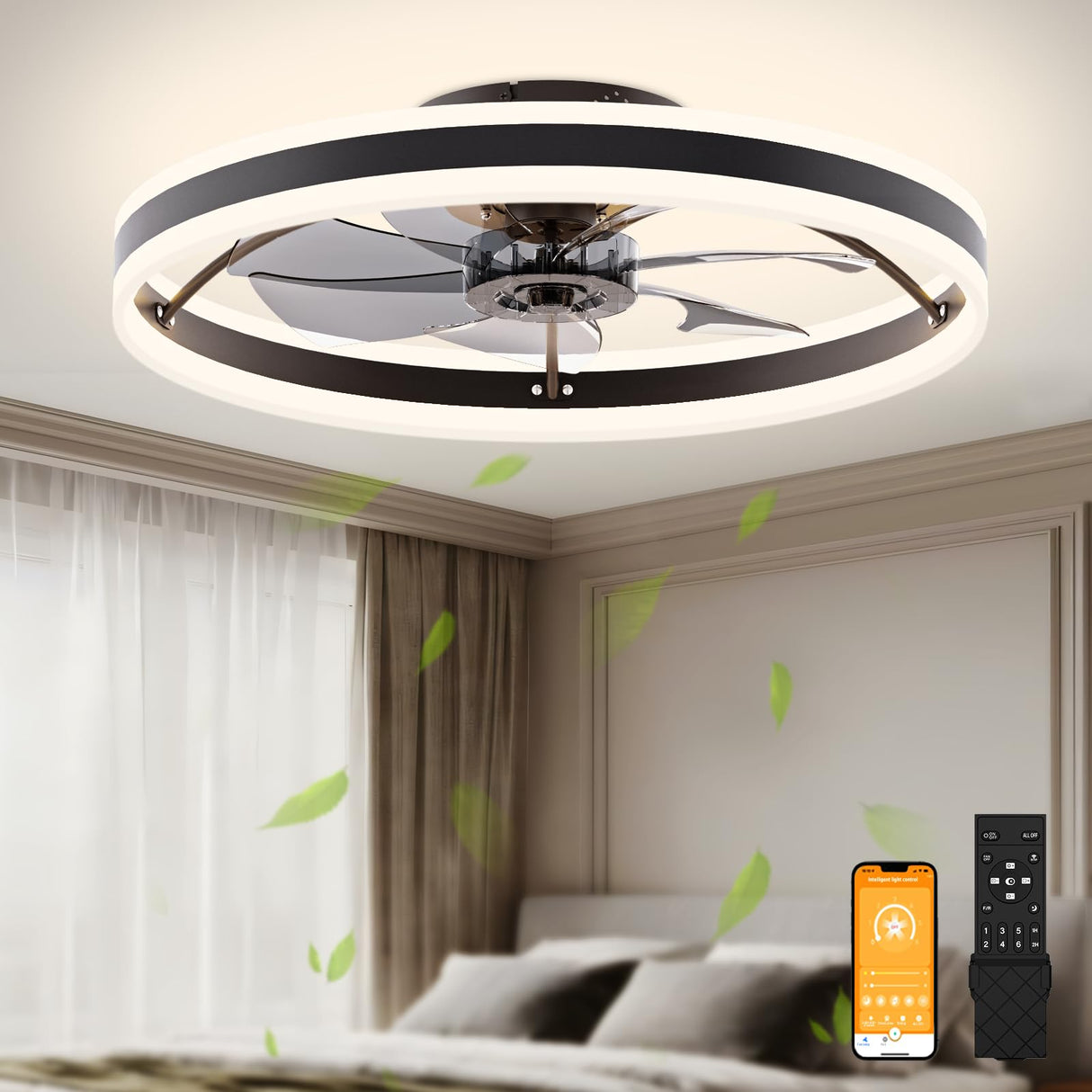 VOLISUN Low Profile Ceiling Fans with Lights and Remote, 23.6in Flush Mount Ceiling Fans with Light, 3000K-6500K Dimmable Fandelier LED Fan Light, Black Bladeless Ceiling Fans with Lights for Bedroom VOLISUN