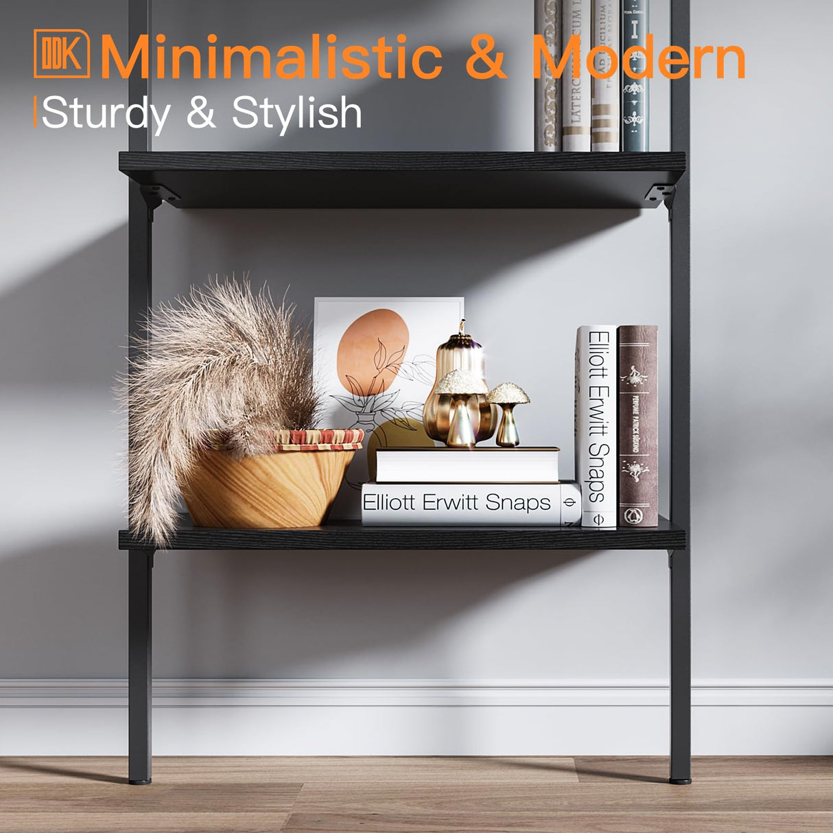 ODK 5-Tier Ladder Bookcase, Industrial Storage Shelf with Metal Frame for Living Room, Home Office, Kitchen & Bedroom, Space Saving Freestanding Organizer Rack, Black (8" D x 16" W x 74" H) ODK