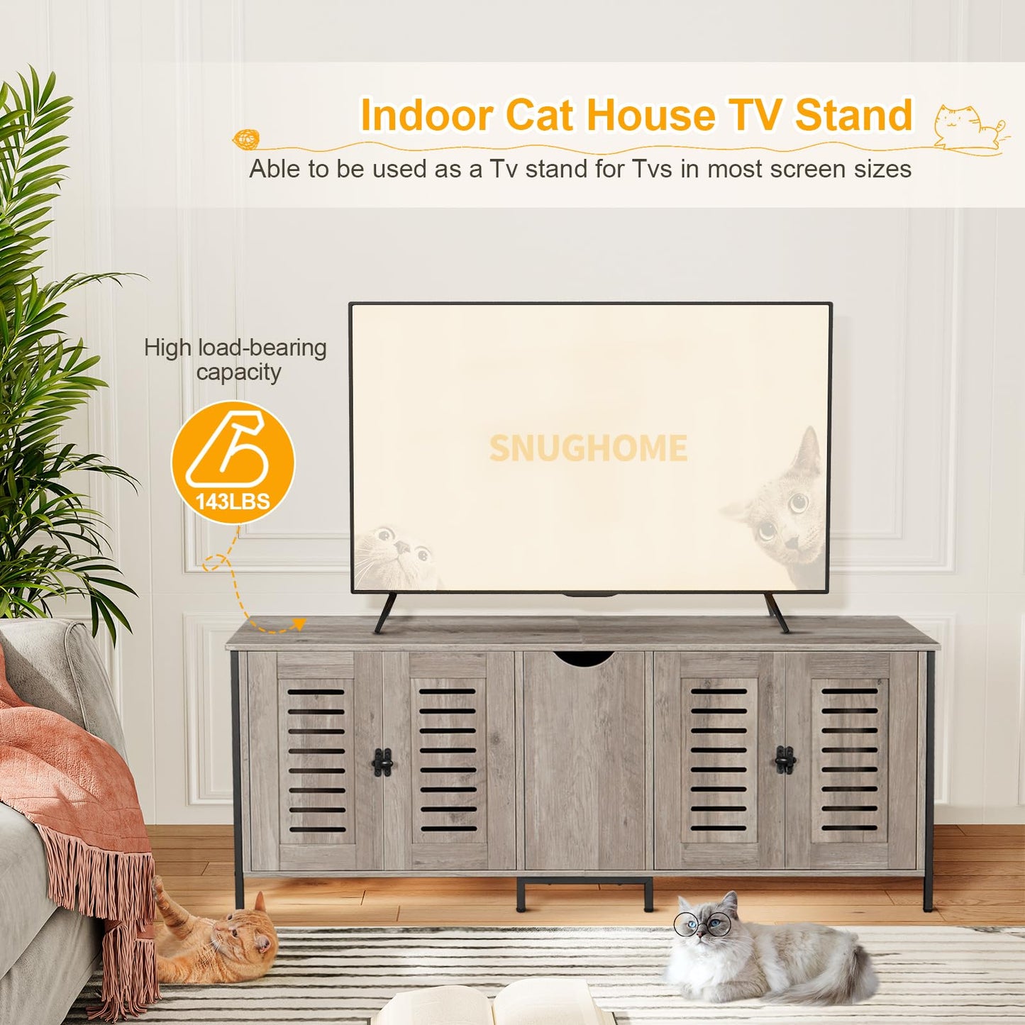 Snughome Cat Litter Box Enclosure for 2 Cats, 51.18’’ Hidden Cat Litter Box Furniture with Double Room, Large Wooden Cat Washroom with Storage Cabinet, Indoor Cat House TV Stand Side Table, Grey
