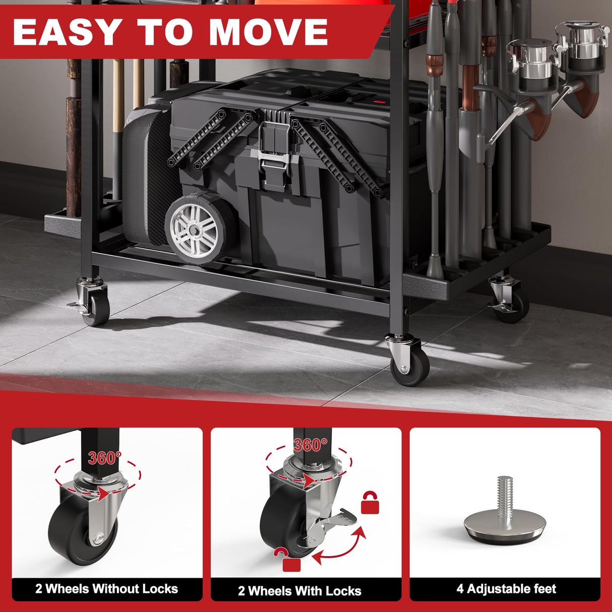 Fishing Rod Holders for Garage, Fishing Rod Storage Rack with Hooks & Wheels, Fishing Pole Holder Organizer, Tackle Box & Reel Storage Black SEEAHEAD