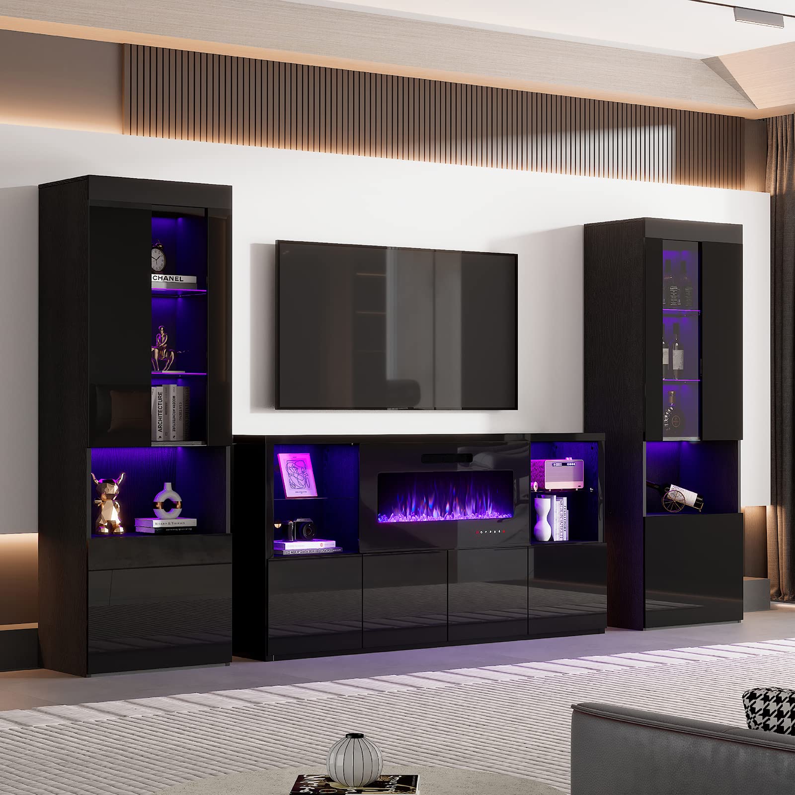 AMERLIFE Modern 71in Tall LED Bookcase Storage Cabinet with Glass Doors - Set of 2 - Thumbnail 3