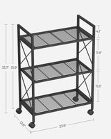 SONGMICS 3-Tier Metal Storage Rack with Wheels, Mesh Shelving Unit with X Side Frames, 23.6-Inch Width, for Entryway, Kitchen, Living Room, Bathroom, Industrial Style, Black UBSC163B01 SONGMICS