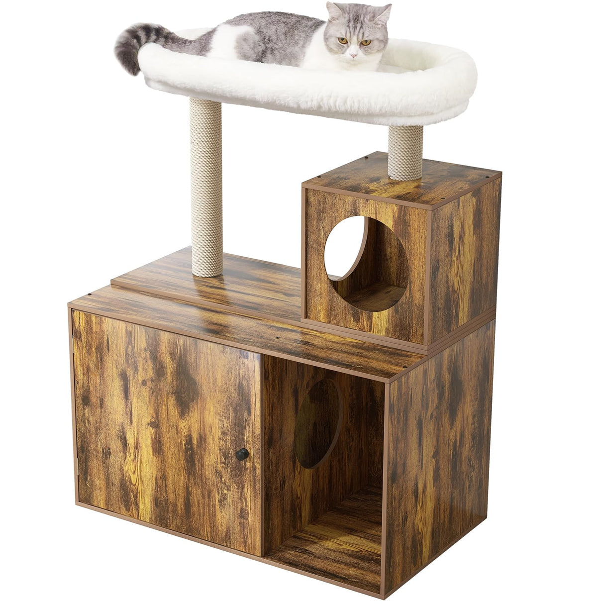 YOCAN Multi-Functional Cat Tree with Litter Box Enclosure, Wooden Apartment with Scratching Post, Modern Style Cat Tree Furniture with Hidden Tower, Cat House Furniture (Brown, L:31.5'') YOCAN