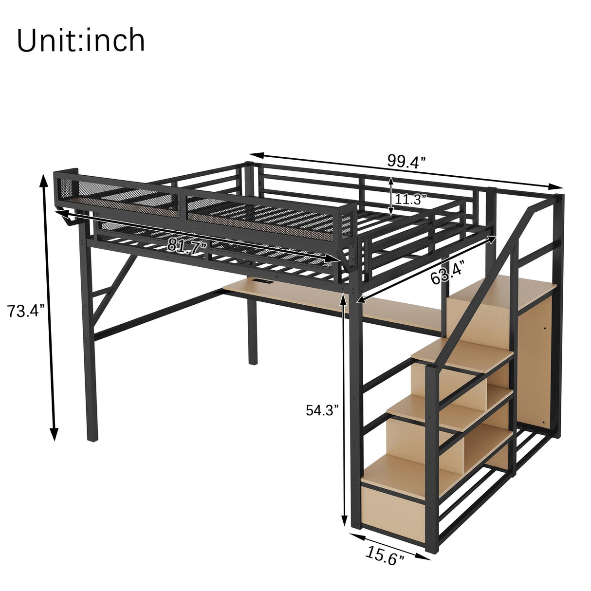KEIKI Queen Size Metal Loft Bed Frame with Desk, Staircase, Built-in Storage Shelves and Wardrobe, Modern Loft Bed with Solid Slat, Guardrail, No Box Spring Required, Easy Assembly, for Bedroom, Black KEIKI
