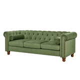 Asucoora Tufted Velvet Sofa Couch for Living Room, Rolled Arm 3-Seater Sofa Couch with Nailhead Trim and 2 Neck Roll Pillows, Small Apartment Chesterfield Sofa Green Asucoora