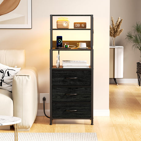 Furnulem Night Stand, Tall Nightstand with 4-Tier Shelves and 3 Fabric Drawers, LED Bed Side Tables with Charging Station, Bedside Table for Bedroom, Hallway, Home Office, Black Oak Furnulem