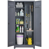 IRONFFICE Utility Cabinet,Heavy Duty Garage Cabinets with Shelves,Cabinet for Brooms and Mops for Laundry Room,Garage,Bathroom,Grey IRONFFICE