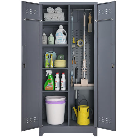 IRONFFICE Utility Cabinet,Heavy Duty Garage Cabinets with Shelves,Cabinet for Brooms and Mops for Laundry Room,Garage,Bathroom,Grey IRONFFICE