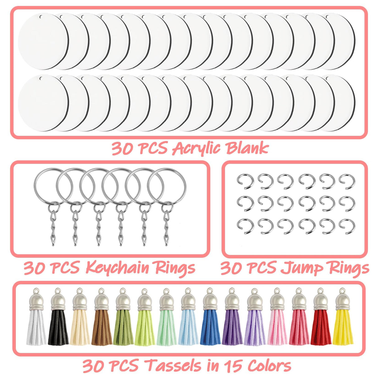 RAINFLOW 120PCS Sublimation Keychain Blanks - 30PCS Acrylic Keychain Blanks for Vinyl with 30pcs Keychain Rings,30pcs Jump Rings,30pcs Silver Tassels for Craft and DIY RAINFLOW