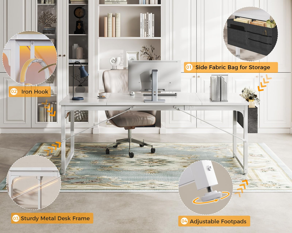ODK Computer Desk Large Office Desk, 63 Inch Gaming Desk with Storage, Modern PC Desk Work Table with Headphone Hook for Home Office, Splice Board, White + White Leg ODK