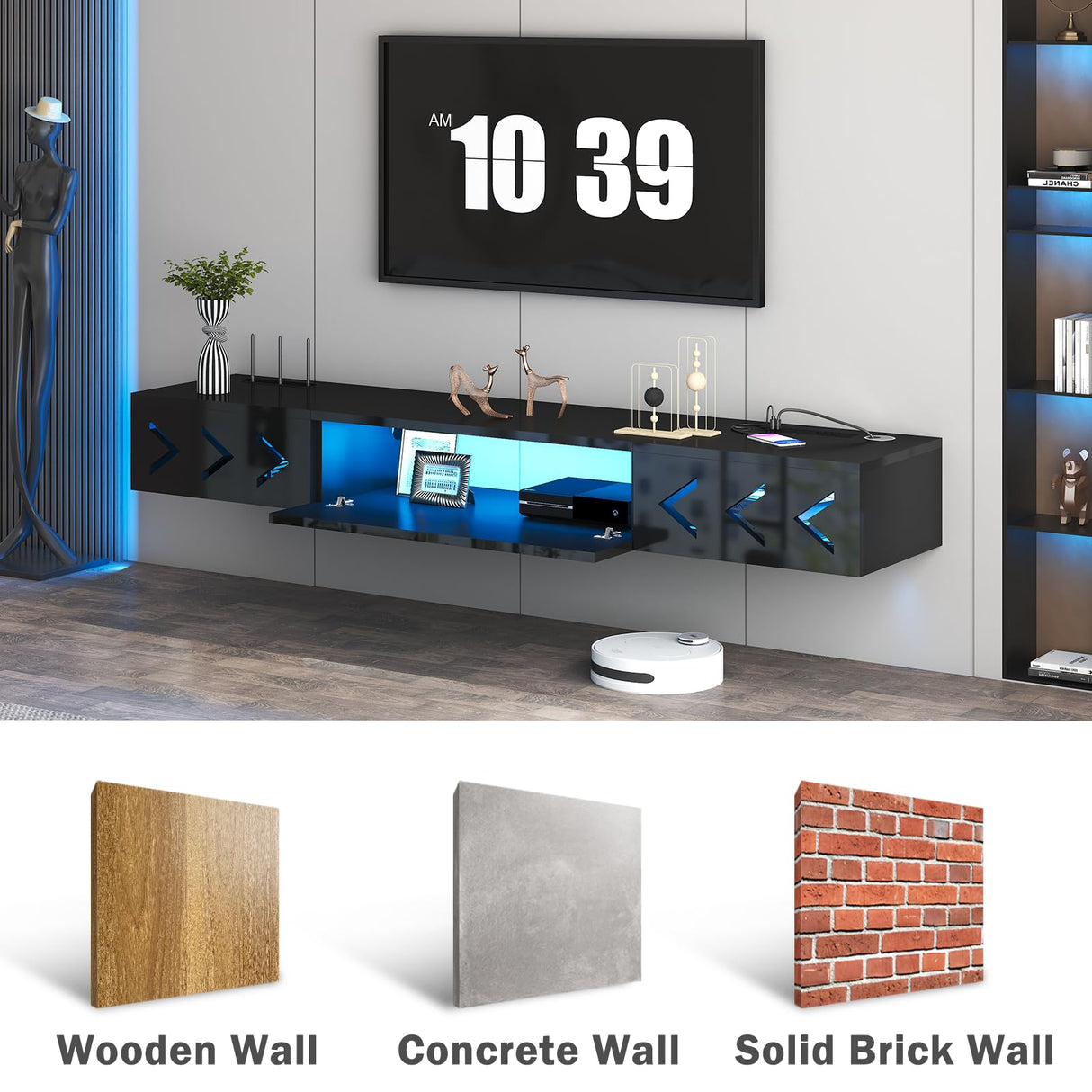 ANTISTA Floating TV Stand, 71" Floating Entertainment Center Wall Mounted,Floating Wall Mounted TV Shelf with Led Lights and Power Outlet,Modern High Gloss tv Cabinet Media Console with Storage ANTISTA