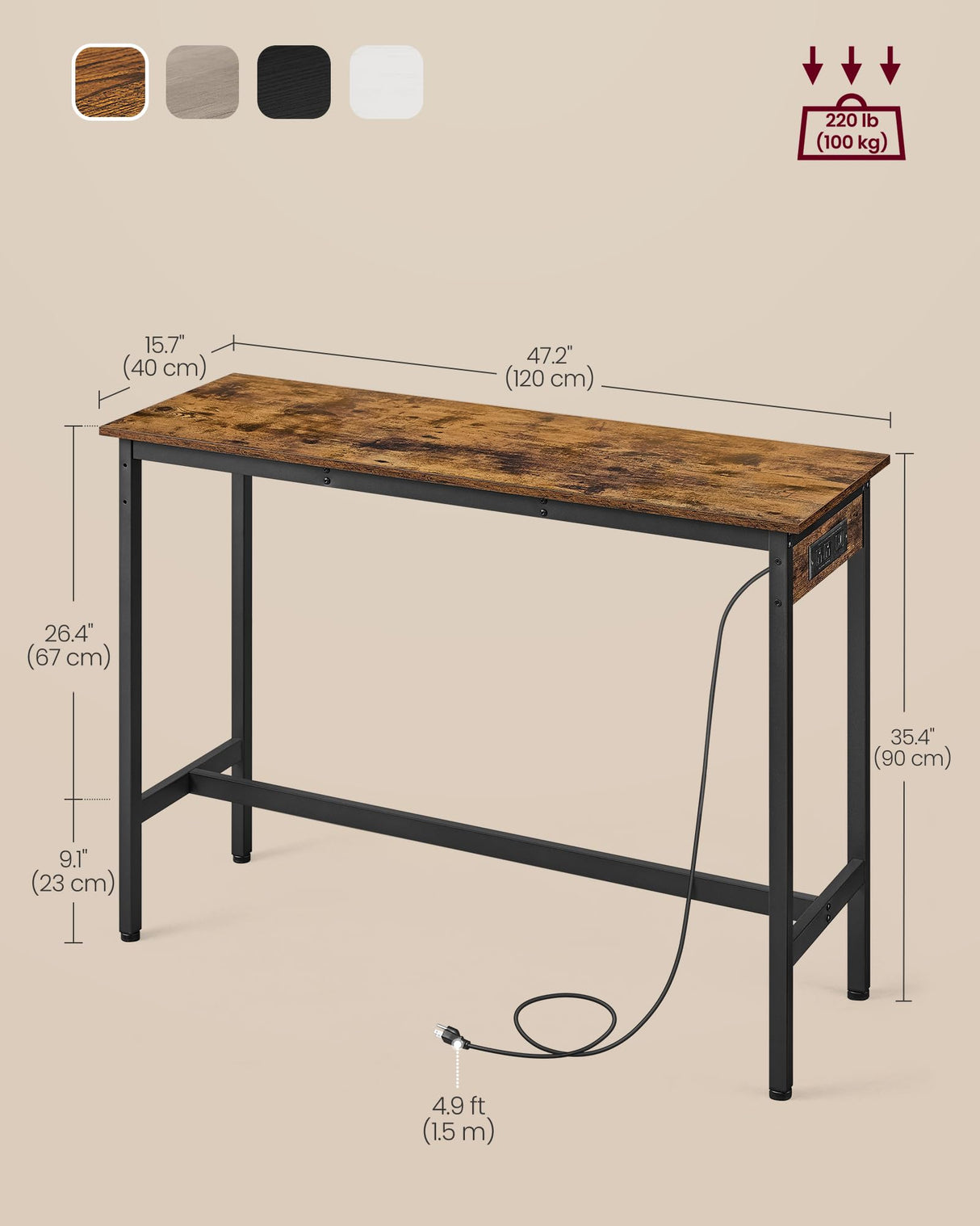 VASAGLE Bar Table, Narrow Long Kitchen Dining Table with Charging Station, Sturdy Metal Frame, Industrial, 15.7 x 47.2 x 35.4 Inches, Rustic Brown and Ink Black ULBT121K01 VASAGLE