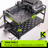 KAFAHOM Leaf Blower and Weed Eater Rack with Charging Station, Lawn Power Tool Organizer Wall Mount, Lawn Tool Storage Rack for Leaf Blower, Weed Eater, Battery, Charger, Black KAFAHOM