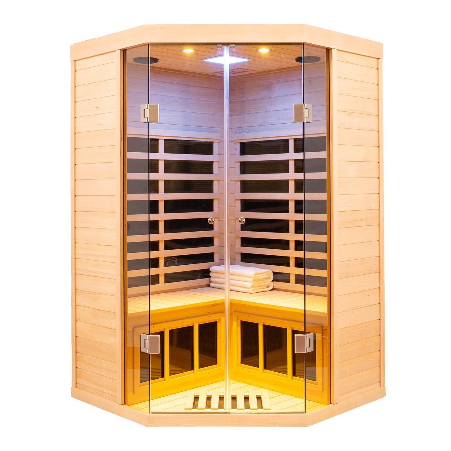 2 Person Far Infrared Sauna Low EMF 7 Heating Panel 1520W Indoor Sauna Canadian Hemlock Wood Sauna for Home with Control Panel Bluetooth Speakers Chromotherapy Lights Reading Lamp Tempered Glass Door