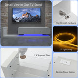 YESER Modern LED TV Stand for 55/65/75 Inch TV, Entertainment Center Console Table with 31 Modes Changing Lights, Media Console with Glass Shelves and Doors for Living Room Bedroom, White YESER