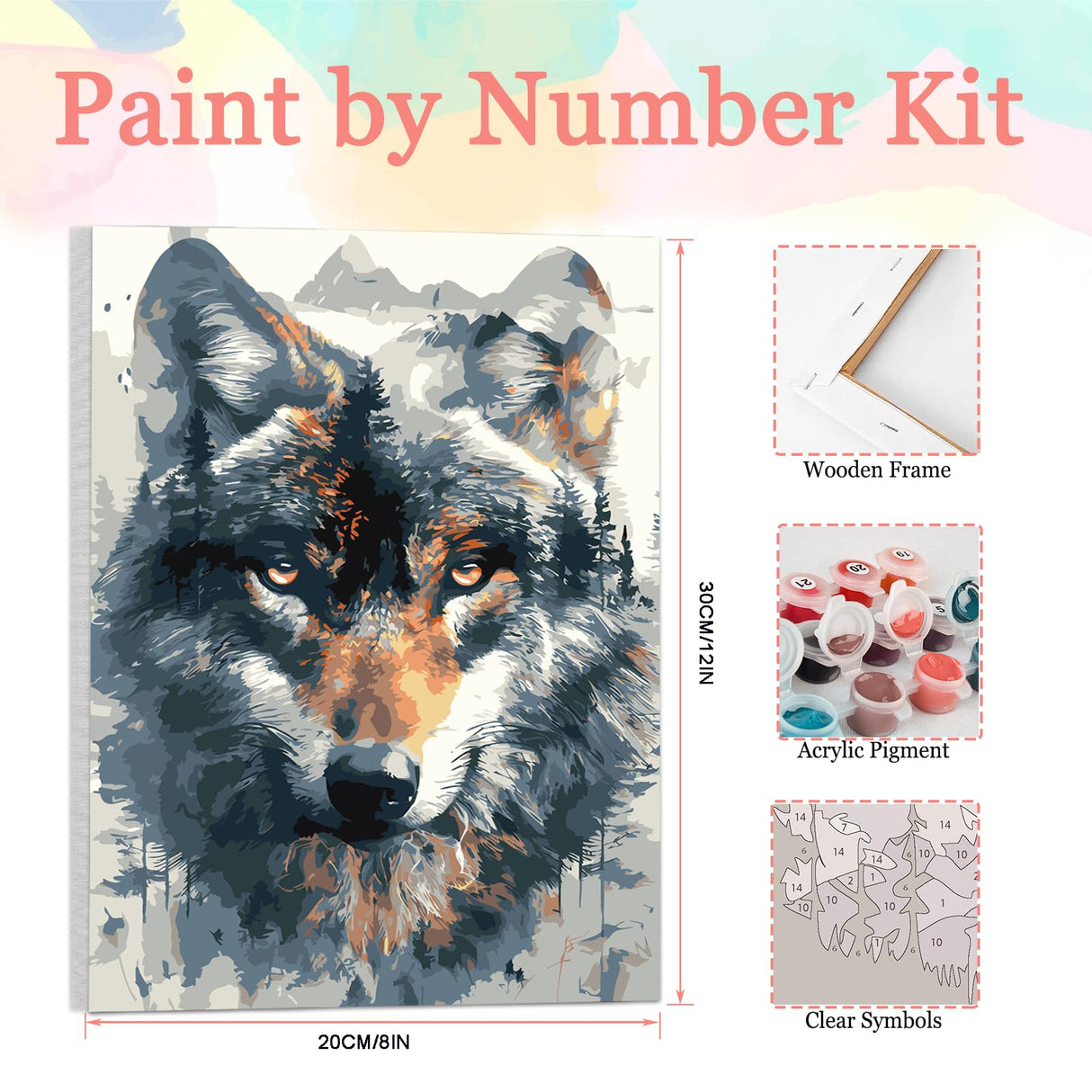 Auremi Wolf Framed Paint by Number for Adults,DIY Animal Painting by Number Kits on Canvas Acrylic Oil Painting Kits for Adults Paint by Number Kits for Home Wall Decor 20x30cm Auremi