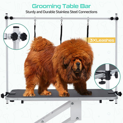 43.3" Hydraulic Dog Grooming Table for Pet, Heavy Duty Structural Hydraulic Max Load 350Lbs Professional Pet Grooming Table with Adjustable Overhead Arm & Noose Height Range 22''-39'' (WHITE)