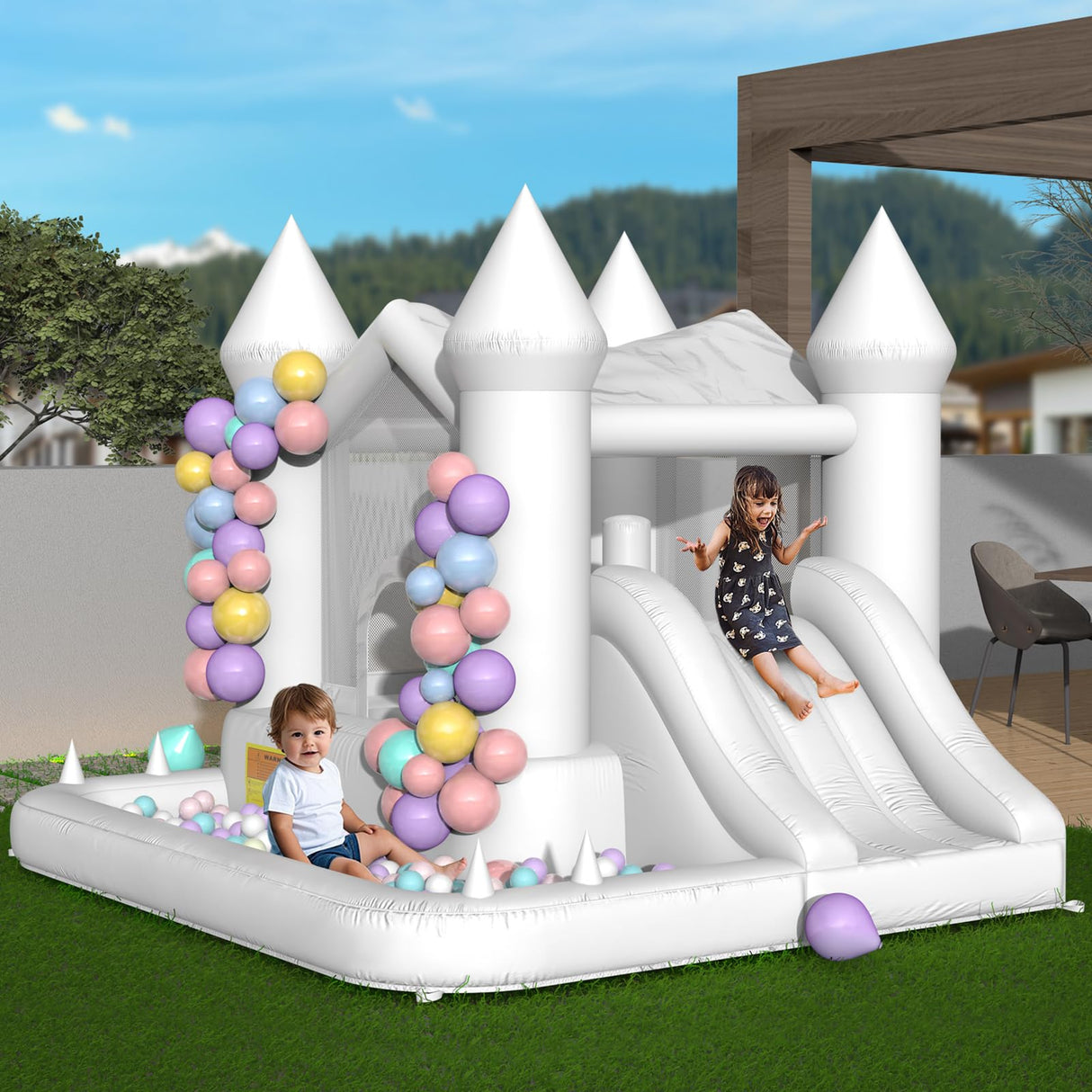YARD White Bounce House, Inflatable Bounce House with Slide & Ball Pit for Kids 3-8, Bouncy House with Blower for Toddler Adult Indoor Outdoor Party, Wedding, Backyard, 9.5’x9.5’x7.5’ Bouncy Castle YARD