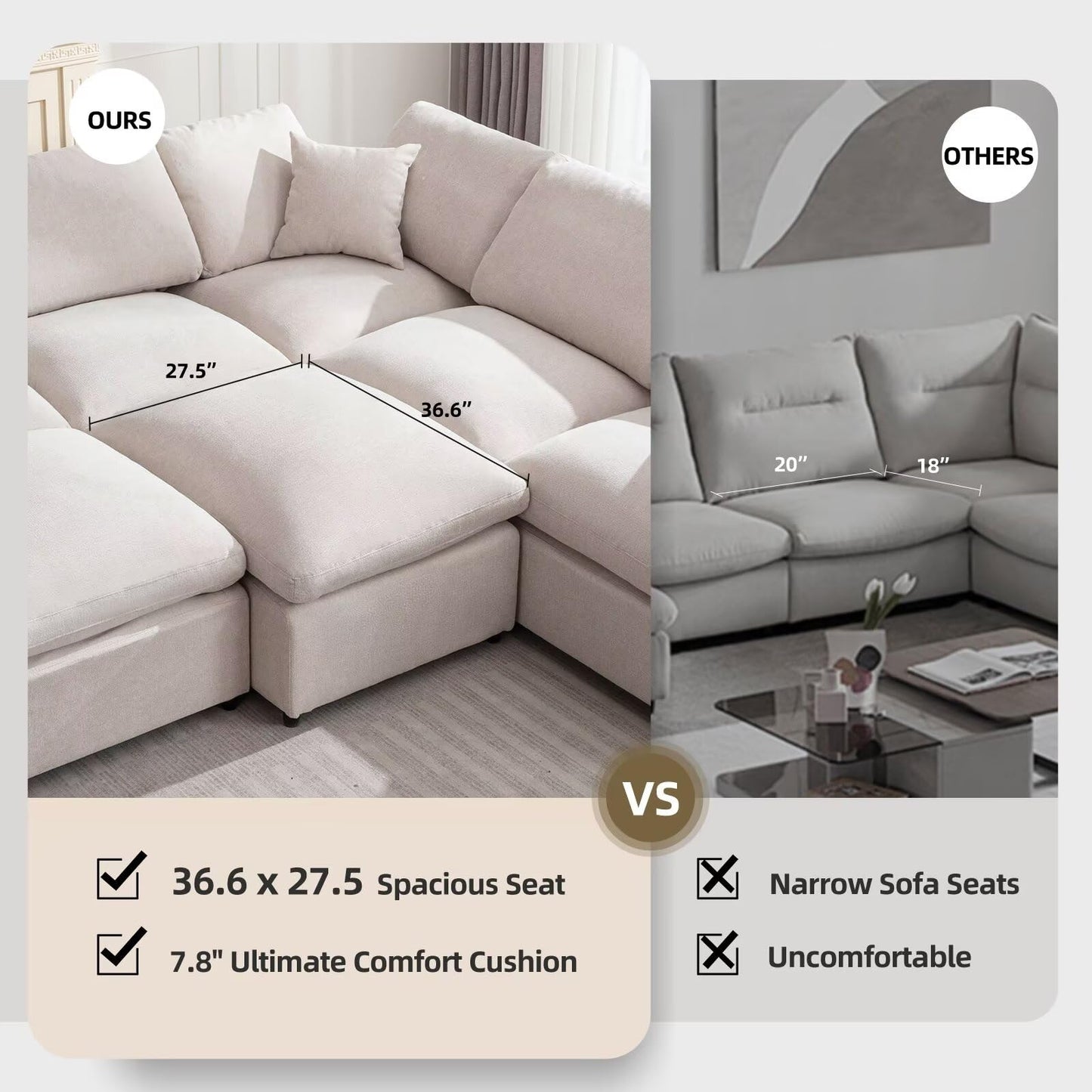 Siiejia Cloud Couch Modular Sectional Sofa Modern Oversized Couches with Ottoman 7 Seater L-Shaped Sofas Comfy Couches for Living Room Spacious Space Apartment Lounge, Cream