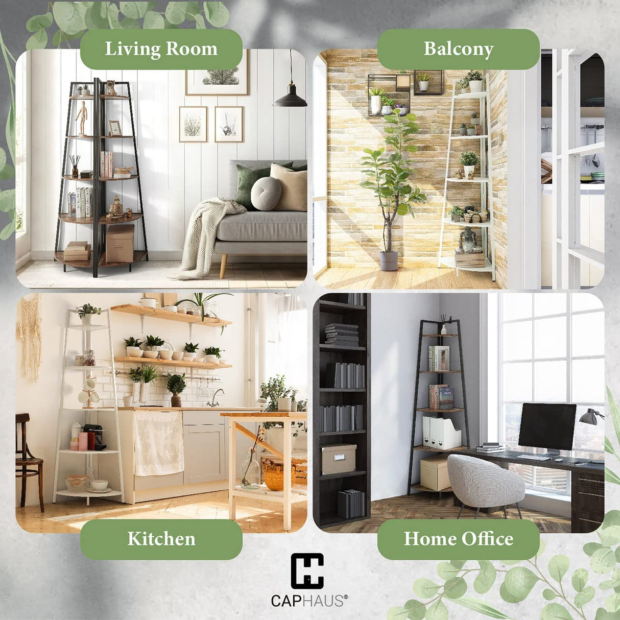 CAPHAUS Rustic Oak Tall Corner Shelf Stand - 5-Tier Versatile Display Unit with Metal Frame CAPHAUS