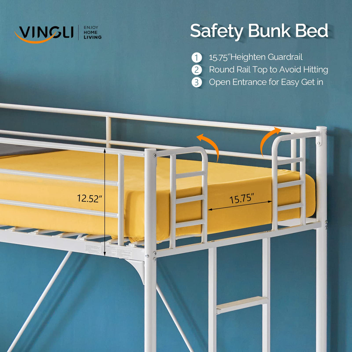 VINGLI Loft Bed Twin for Kids Loft Bunk Bed Frame with Stairs/Flat Ladder Rung,Metal Single Loft for Adults, No Box Spring Required, White VINGLI