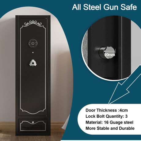 8 Gun Safe Rifle,Gun Safe for Rifles and Pistols,Large Rifle Safe with Drawer,Gun Cabinet for Rifles and Shotguns with/without Scopes,Rifle Gun Safe with Removable Shelf and Gun Rack Karini