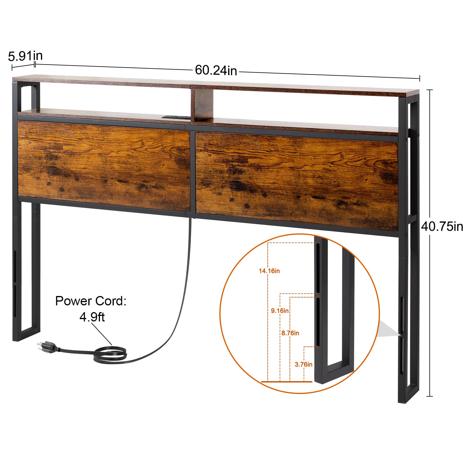 LOAKEKEL Rustic Brown Queen Size Headboard with Charging Station and Adjustable Height - WoodArtSupply