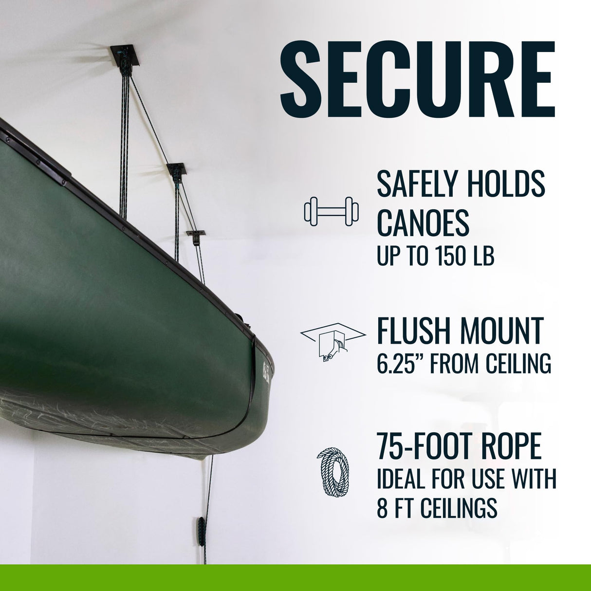 Teal Triangle Heavy Duty Elite Canoe Hoist, Easy-Lift Garage Pulley System, Holds 150 lbs, Fits 8-Foot Ceilings, Patented No-Slip Strap, No Setup Required Teal Triangle