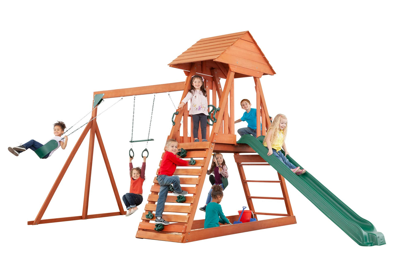 Cedar Chalet Wooden Backyard Playset | W: 213" D: 109" H: 111" | w/ 2 Belt Swings & Trapeze | Kids Age 3-10 | Sandbox, Slide & Climbing Wall | DIY Assembly | ASTM Standards | 10-Year Warranty on Wood