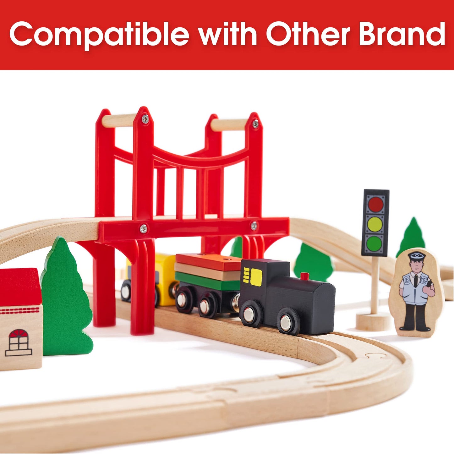 Tiny Land Wooden Train Set for Toddler - 39 Pcs- with Wooden Tracks fits Thomas, fits Brio, fits Chuggington, fits Melissa and Doug - Expandable,