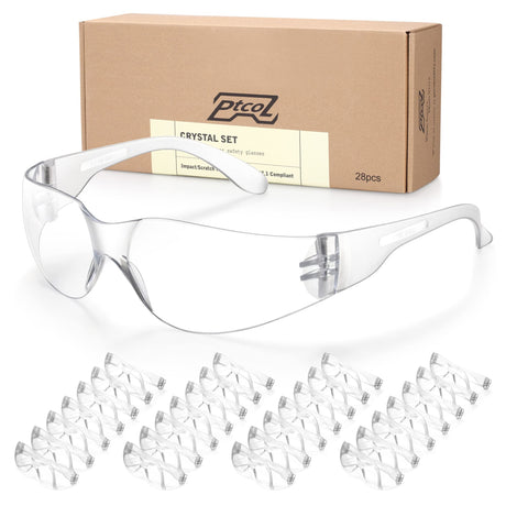 28 Pack Safety Glasses Crystal Clear (Bulk Pack of 24+4) Unisex Anti-Scratch Protective Goggles Impact Resistant Lens Eyewear with ANSI Z87.1 Certified for Construction, Shooting and Laboratory PTCOL