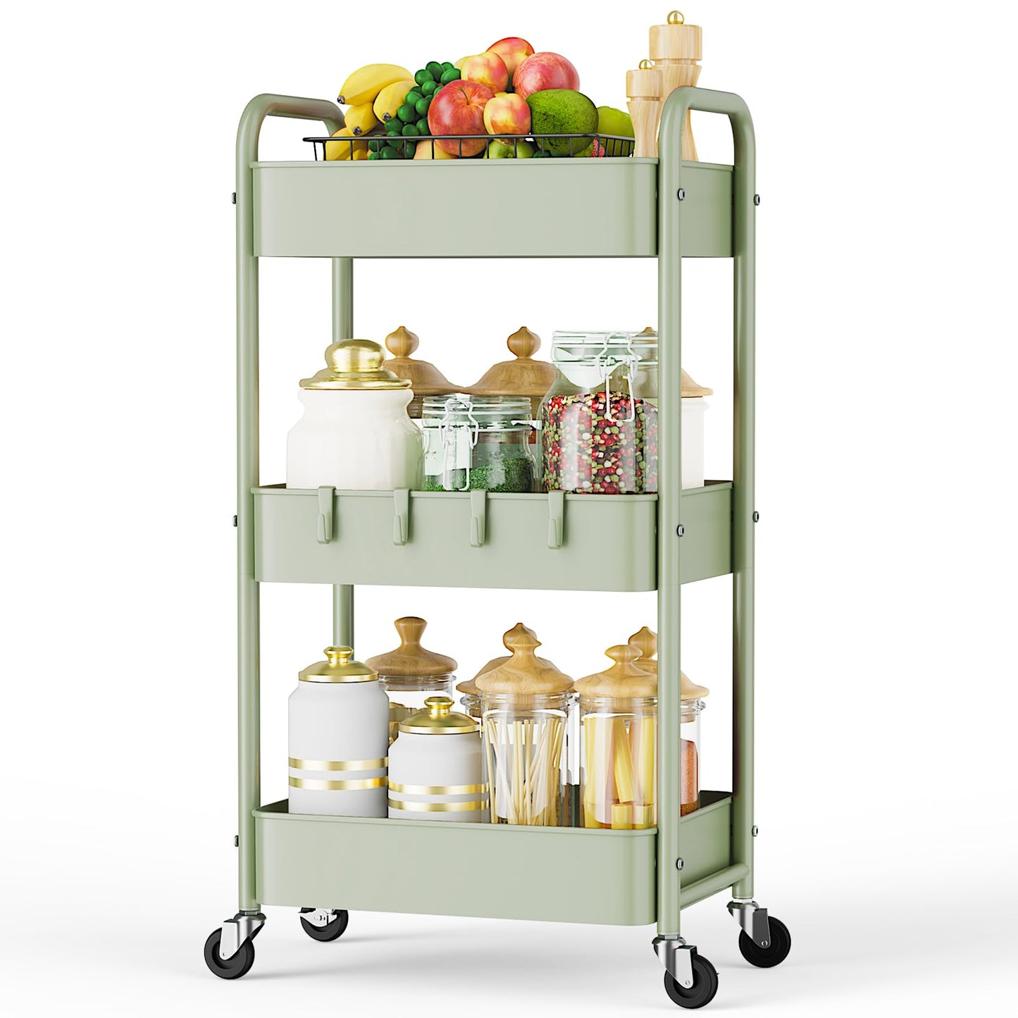 LEHOM 3 Tier Rolling Storage Cart, Metal Trolley Utility Cart with Wheels & Hooks, Easy Assembly Organizer Storage Cart for Bathroom Kitchen Office Bedroom (Green) - WoodArtSupply