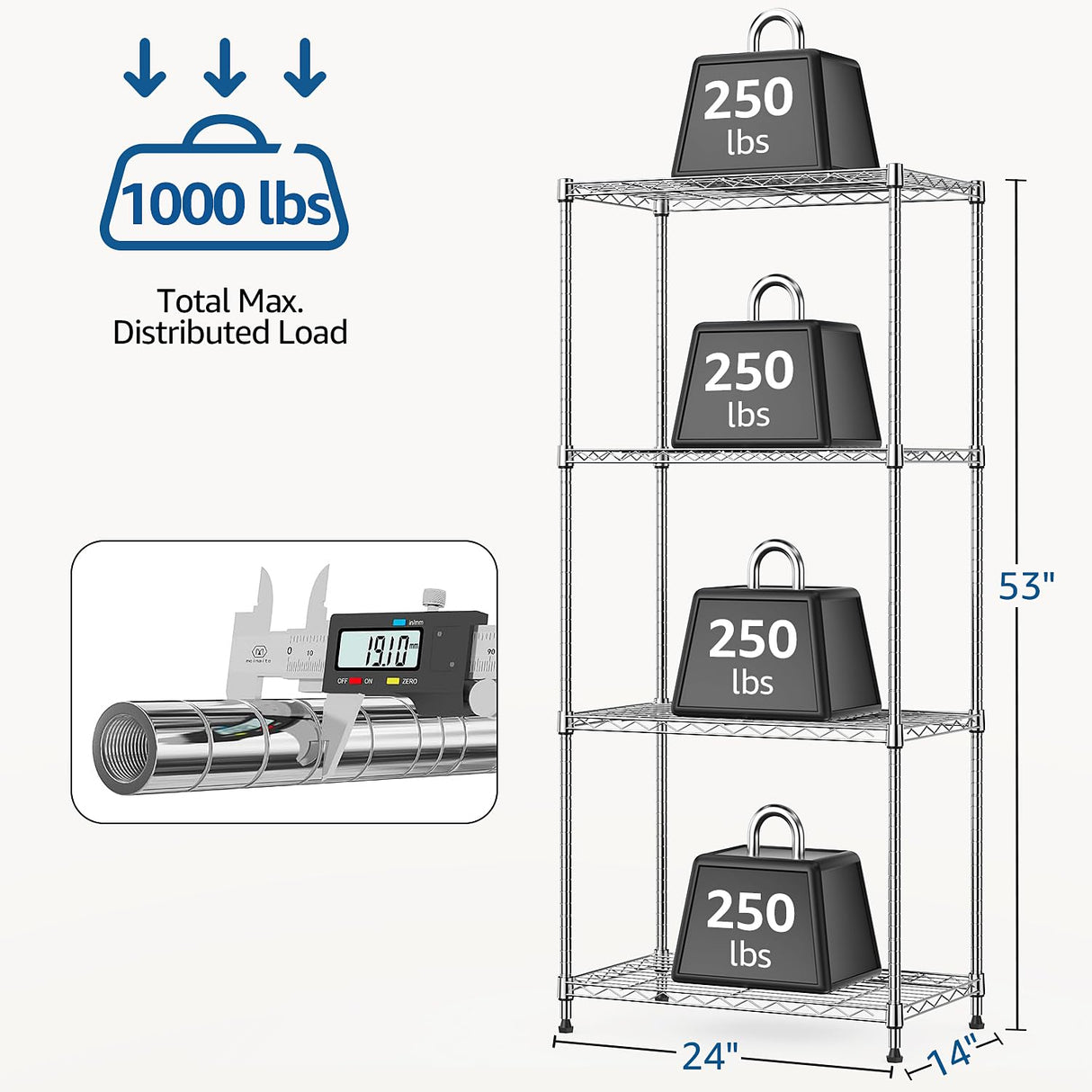 M MZG 1000 lbs 4Tier Shelf Metal Storage Shelves Wire Rack Closet Organizers with Wheel for Garage Kitchen Bathroom Laundry Chrome 13.7" D x 23.6" W x 53.4" H M MZG