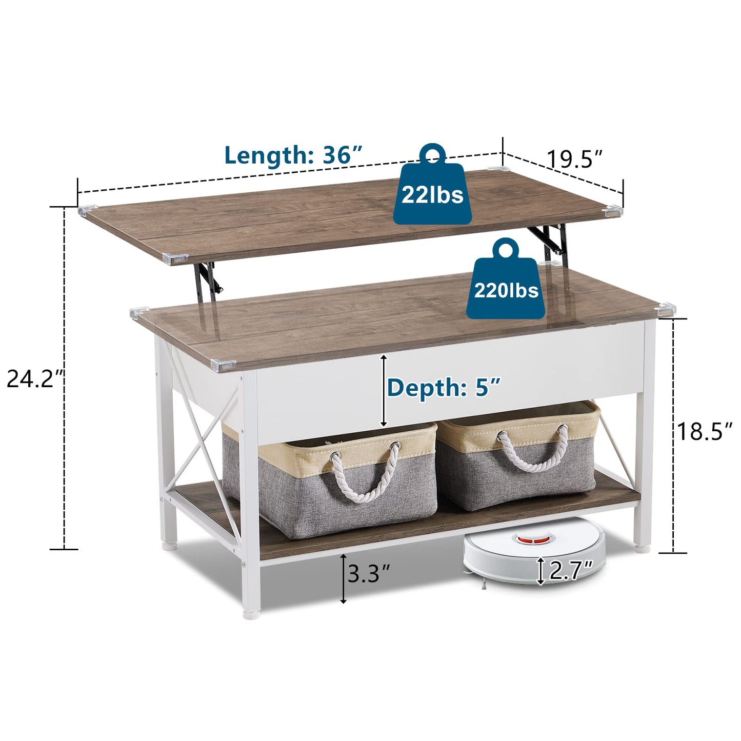 VINGLI 36" Lift Top Coffee Table with Free Cloth Storage Bins, White Walnut Framhouse Coffee Table for Living Room, Small Modern Coffee Table for Small Space in Minimalistic Style, Dark Walnut