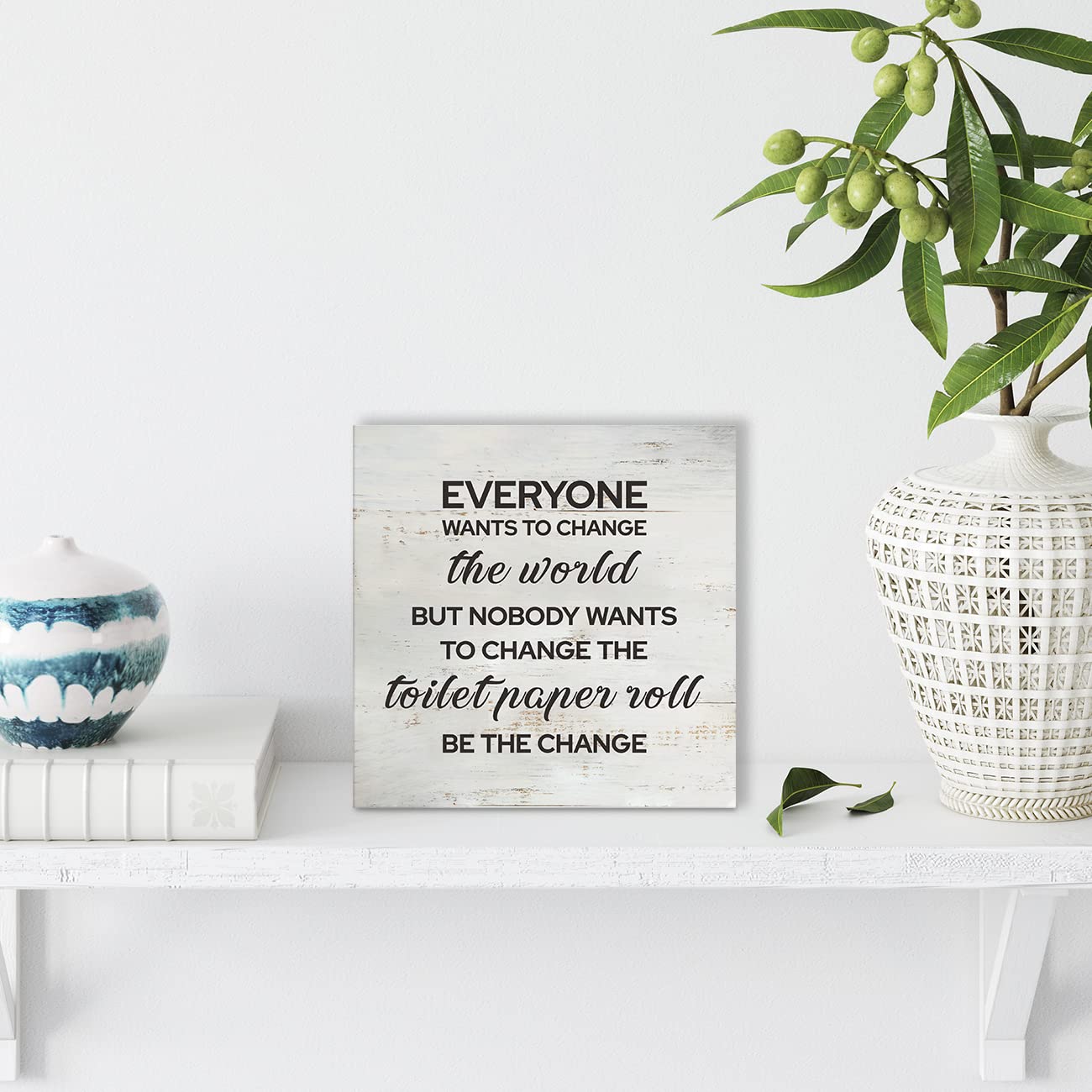 Everyone Wants to Change the World Bathroom Wood Box Sign Rusitc Farmhouse Bathroom Restroom Toilet Desk Shelf Decor (5 X 5 Inch)