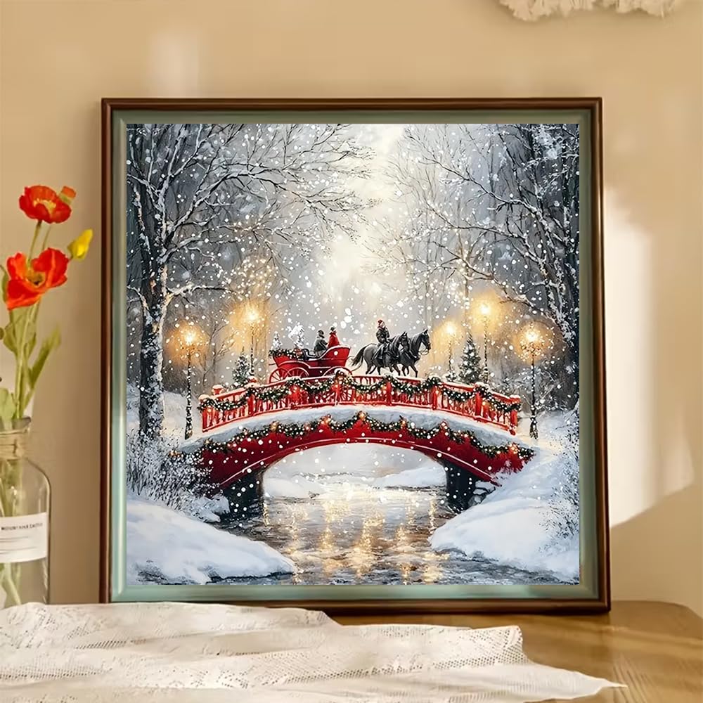 BOHADIY Diamond Art Kits for Adults, Christmas Winter Bridge Diamond Painting Kits for Beginner Round 5D Full Drill Snowy Forest Diamond Dots Crafts for Home Wall Decor Gifts 12x12 Inch BOHADIY