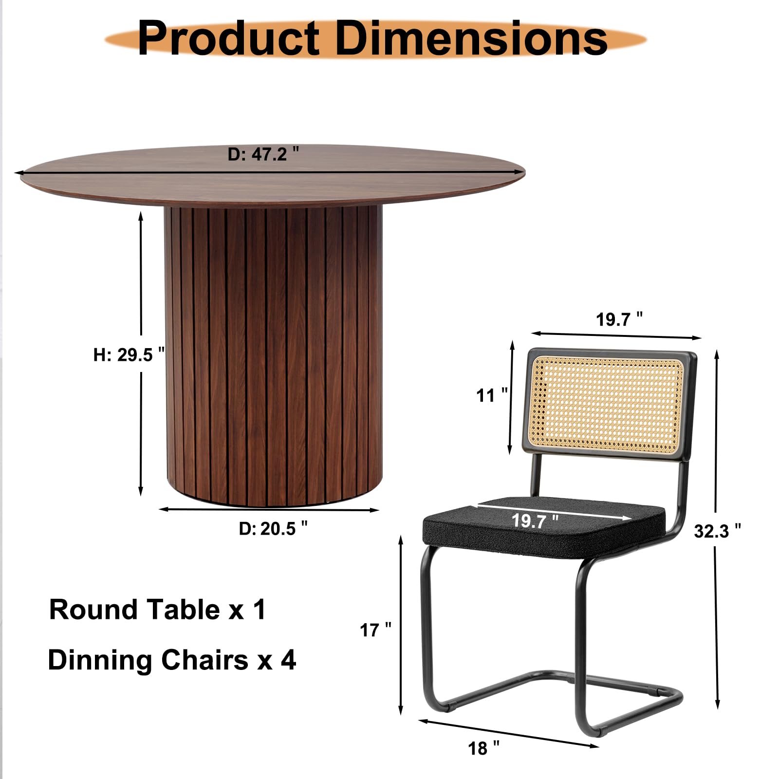 Lecafur HL 47" Round Wood Dining Table with 4 Chairs,Round Kitchen Table with Rattan Dining Chairs of Set 4,Modern Kitchen Table with Wood Strip Base for Kitchen Dinning,5-Piece Set - WoodArtSupply