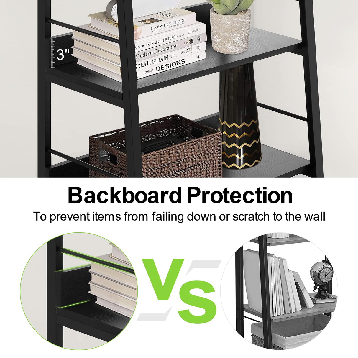 Himimi Black Ladder Bookshelf, 5 Shelf Bookcase Industrial Bookshelf Wood and Metal Bookshelves, Plant Flower Stand Rack Book Storage Shelves for Living Room, Bedroom, Home Office Himimi