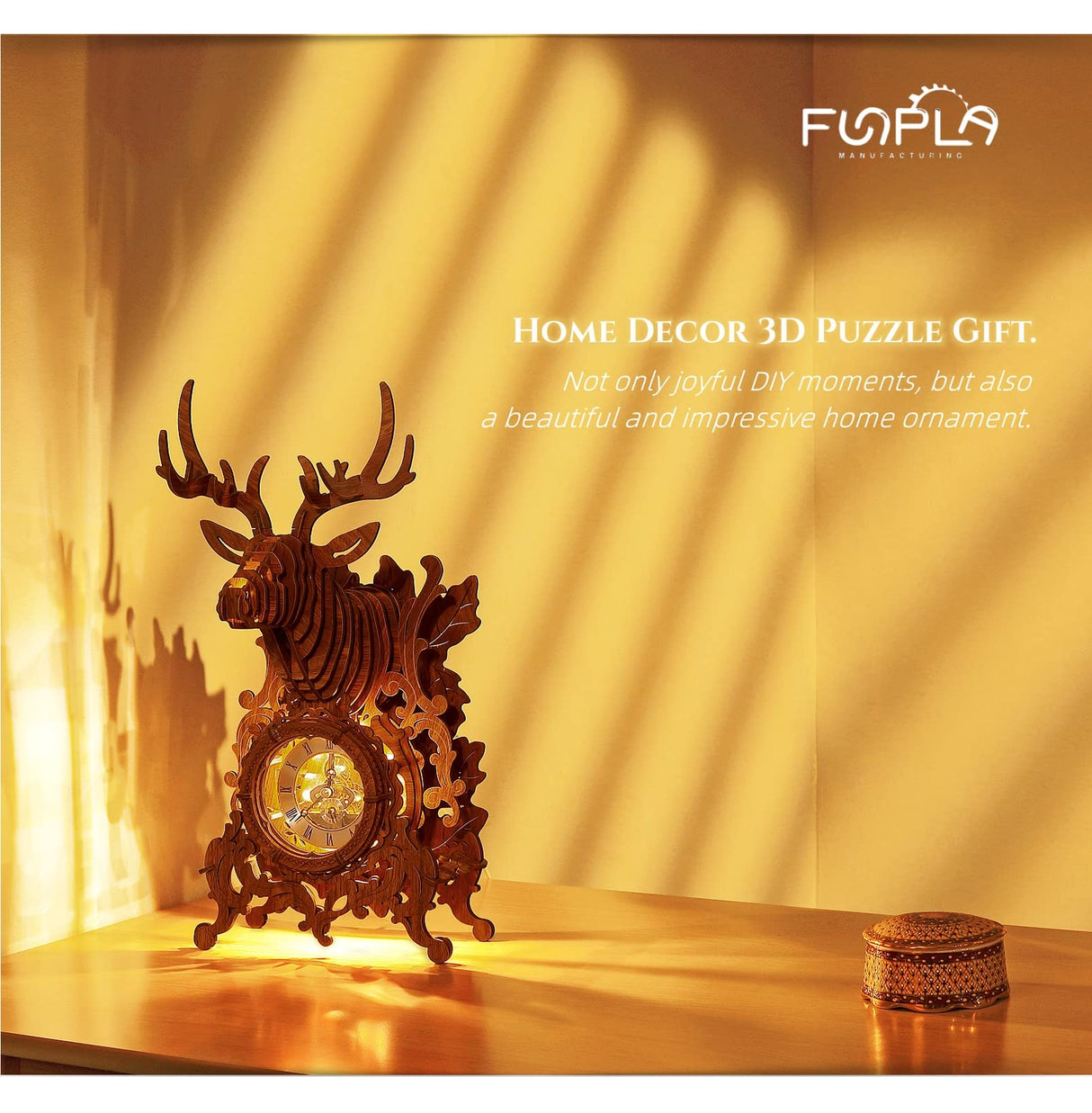 FUNPOLA LED 3D Wood Puzzle Deer Clock, 3D Wooden Puzzle Elk Clock Building Model, Home Décor 3D Wooden Puzzle for Adults/Teens (Wood, Yellow Light) FUNPOLA