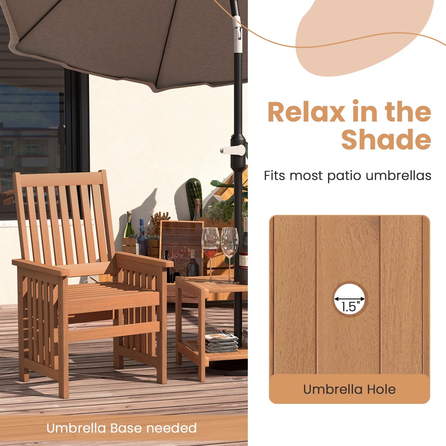 Tangkula 3 Pieces Patio Furniture Set with 1.5” Umbrella Hole, Wood Table and Chairs Set for 2, for Porch, Backyard, Poolside, Lawn, Deck - WoodArtSupply