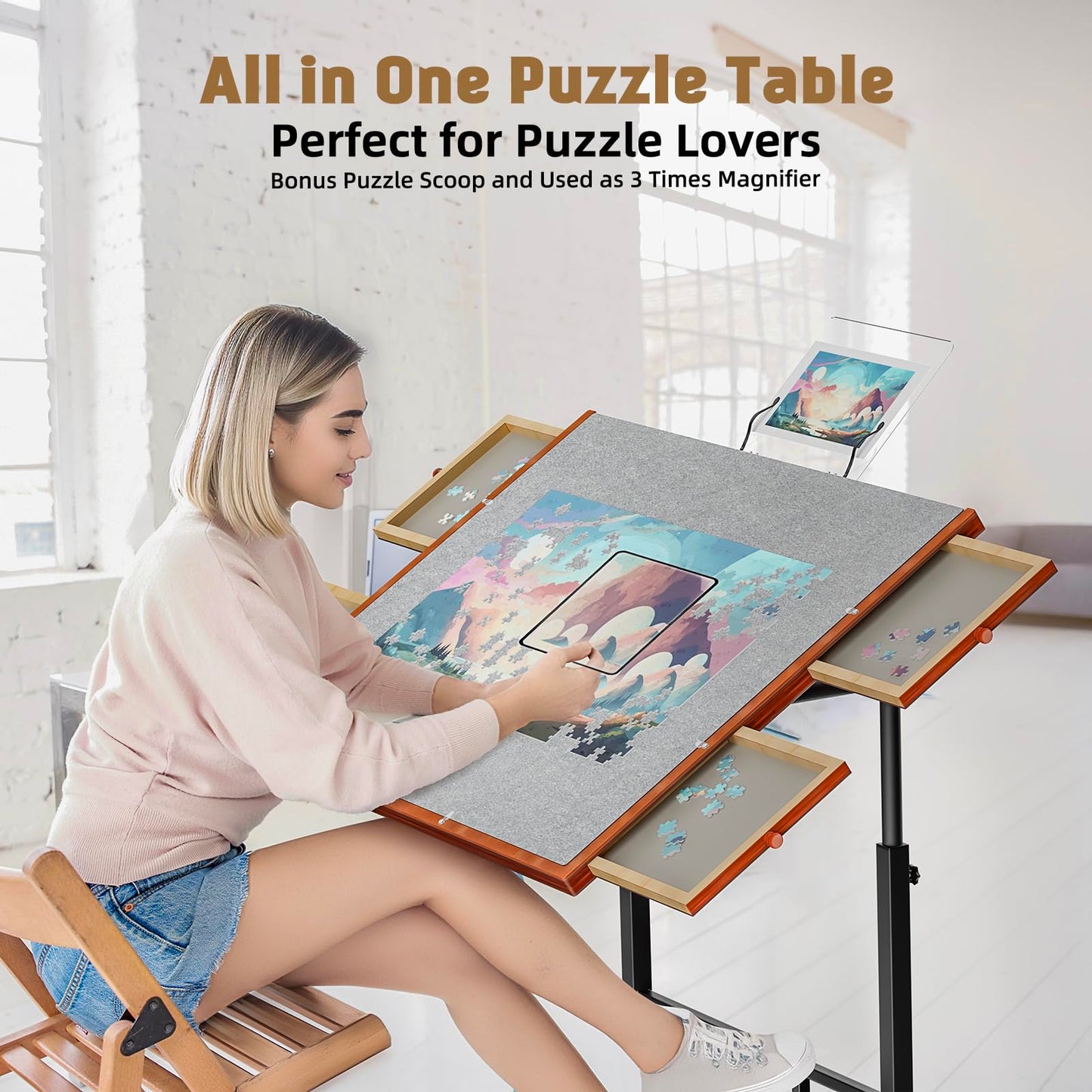 Puzzle Table with Drawers, 1500 Piece Jigsaw Puzzle Board with Wood Cover and Shelf, Tiltable and 14 Level Height Adjustable, Foldable Puzzle Table with Wheels for Adults Puzzle Enthusiasts - WoodArtSupply