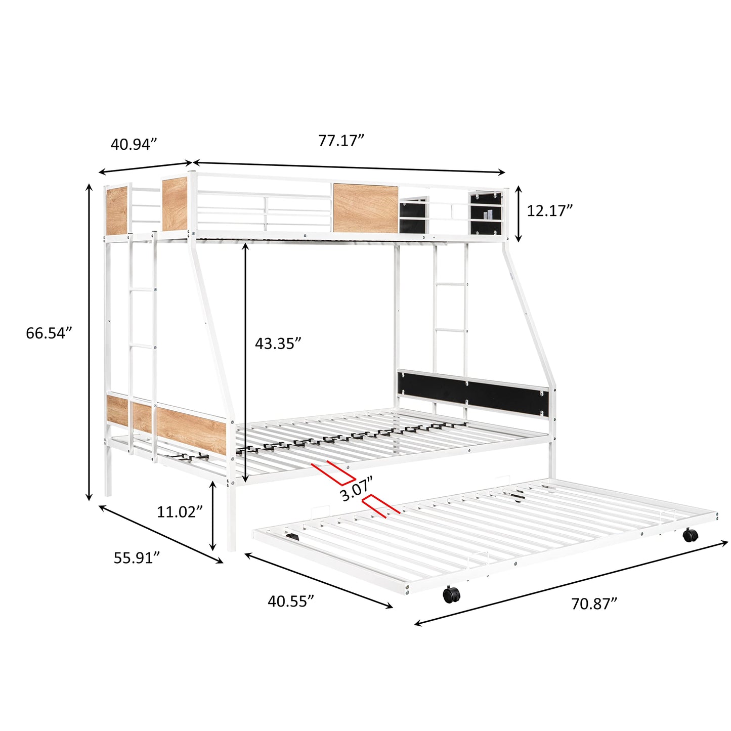 UOCFYK Twin Over Full Bunk Bed with Trundle for Kids/Teens/Adults,Heavy-Duty Bunk Bed with Ladders & Guardrail,Space-Saving,No Box Spring Needed,White