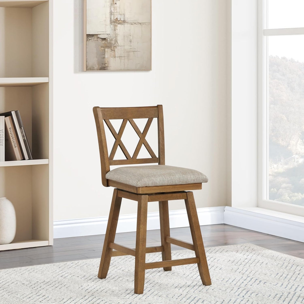 Home Brookline Swivel Bar Stool Chair with 360° Turn Mechanism, Rustic Farmhouse Stools for Kitchen Counter with Cushion, 24" Seat Height, Medium Oak Wood Finish with Beige Cushion Home 2 Office