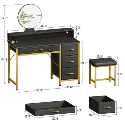 Seventable Vanity Desk with 4 Fabric Storage Drawers, Vanity Table and Chair Set with Power Outlet & LED Strip, Makeup Table with 3 Adjustable Lighting Modes for Bedroom, Black Gold