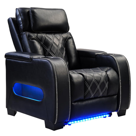 CANMOV Electric Power Recliner Chair with Adjustable Headrest, Breathable PU Leather Home Theater Seating with Ambient Lighting,Cup Holders,Armrest Storage,USB & Type C Ports,Black CANMOV